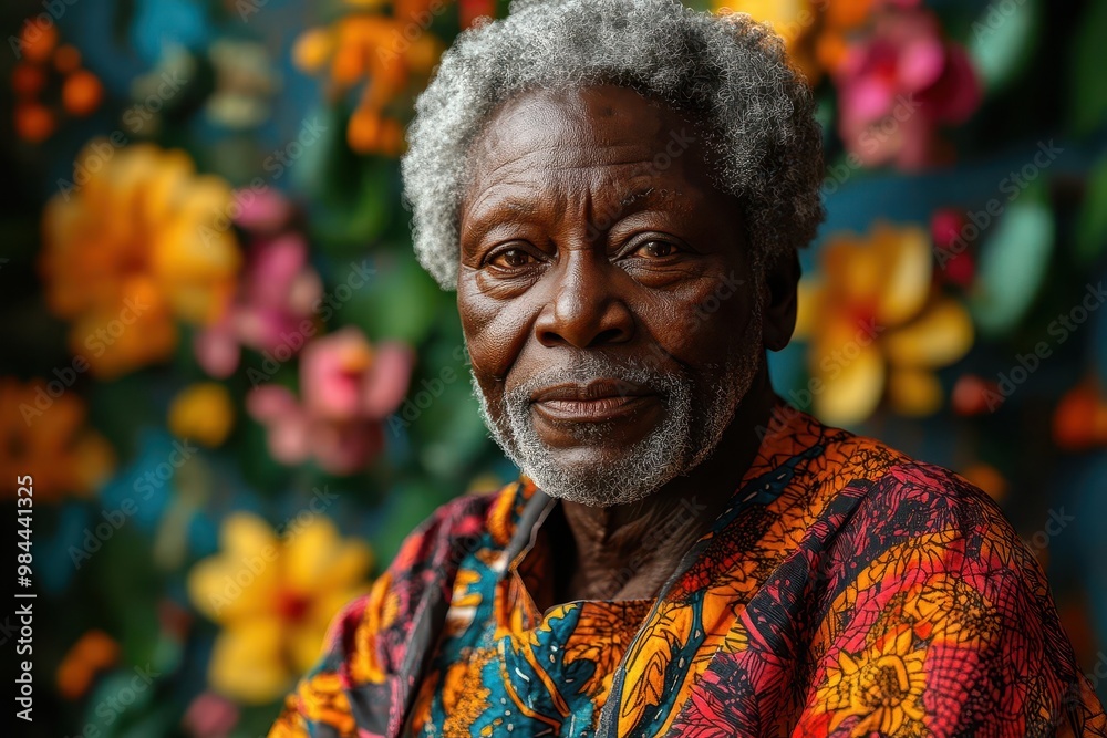 Obraz premium aigenerated portrait of wise african elder weathered face full of character vibrant traditional attire lush floral background dignity and heritage