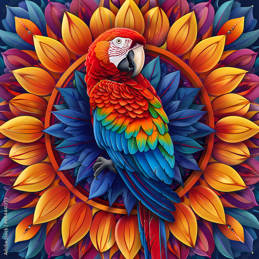 Obraz premium very bright and colorful mandala,very detailed high quality,object in center,Scarlet Macaw whole body