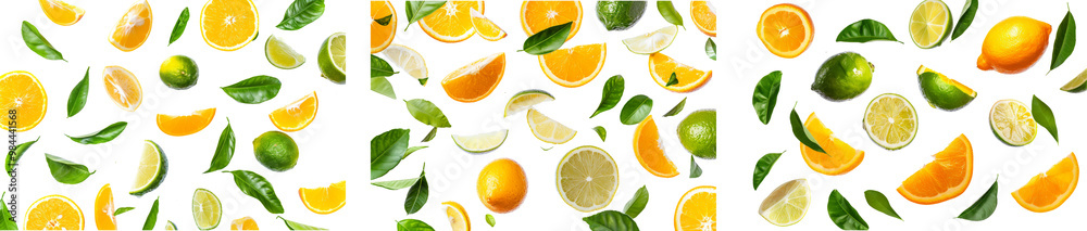 Collection of oranges and lemon lime with half slices falling or floating in the air isolated on white or transparent background