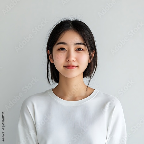 portrait of a woman Asian girl, bright face, smiling, short hair
