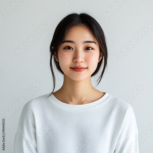 portrait of a woman A 20-year-old Asian girl with a bright smile on her face, wearing a white shirt.
