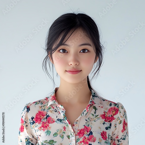 portrait of a woman bright asian girl face Wear a floral shirt
