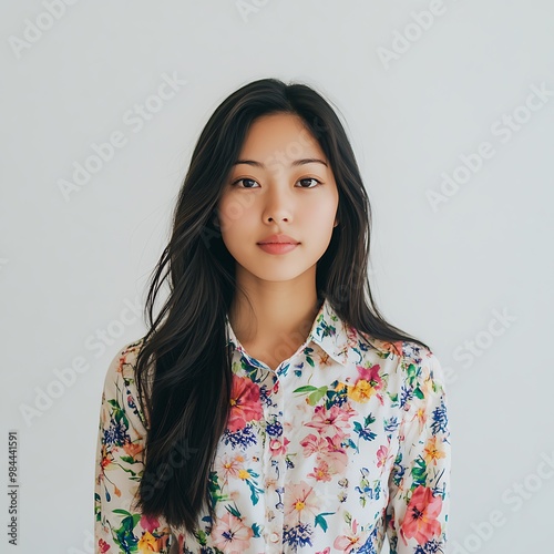 portrait of a woman Young Asian woman with long hair wearing a floral shirt have a beautiful face

