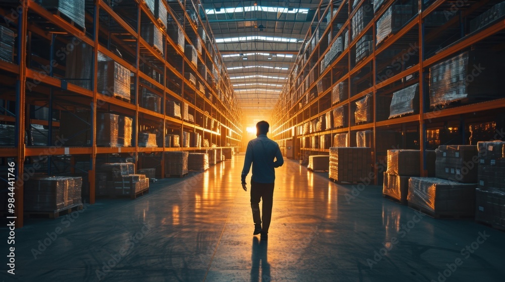 A man is leisurely walking through a vast warehouse during sunset A man is leisurely walking through a vast warehouse during sunset