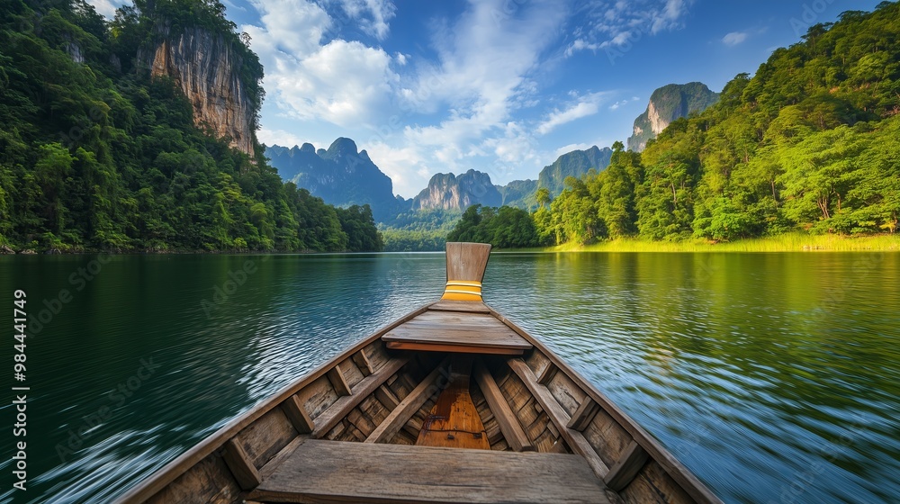 Fototapeta premium A wooden boat is sailing on the emerald green lake, surrounded by lush, forested mountains.