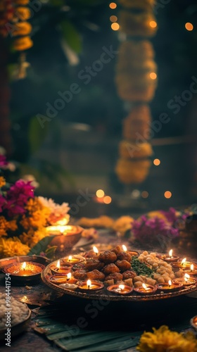 An intricately decorated thali with sweets, placed in front of a well-lit prayer altar with glowing diyas and fresh flowers. Copy space, Indian traditional festival happy Diwali background.