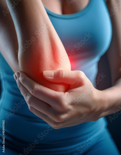 Close-up of a person clutching their elbow in pain, highlighting muscle discomfort, health concerns, joint inflammation, and chronic pain management.
 photo