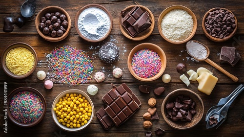 Delicious assortment of baking ingredients, including chocolate, sprinkles, and various candies arranged beautifully on a wooden table.