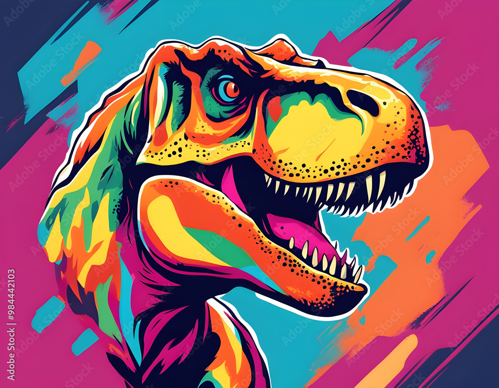 colorful Tyrannosaurus Rex head with cool isolated pop art style background