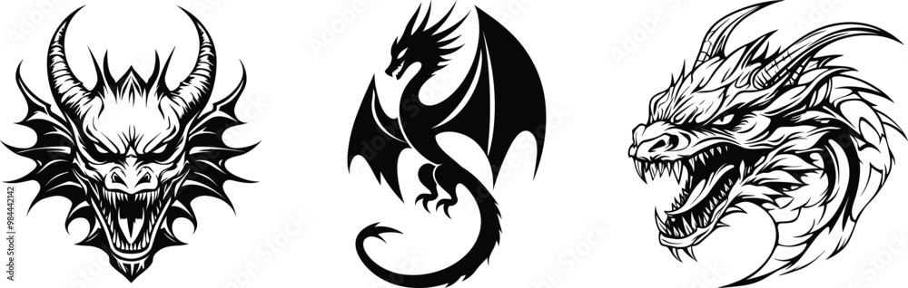 Naklejka premium Set of dragon, logo and tattoo design, vector illustration.