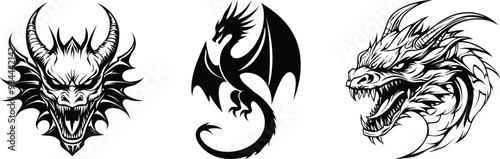 Set of dragon, logo and tattoo design, vector illustration.