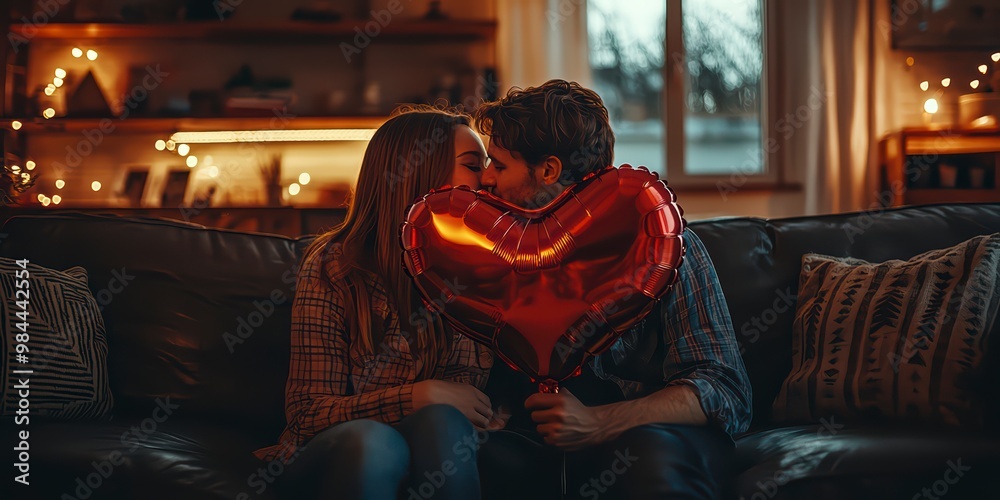 Obraz premium A young couple in love holds a heart-shaped balloon and covers themselves with it during a kiss