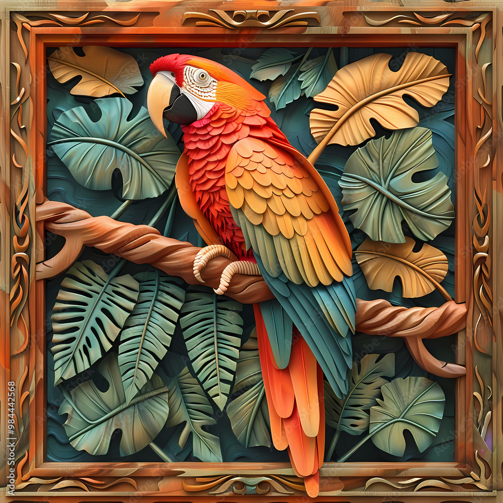 Fototapeta premium Wood carving 3D image of Scarlet Macaw in frame with depth map