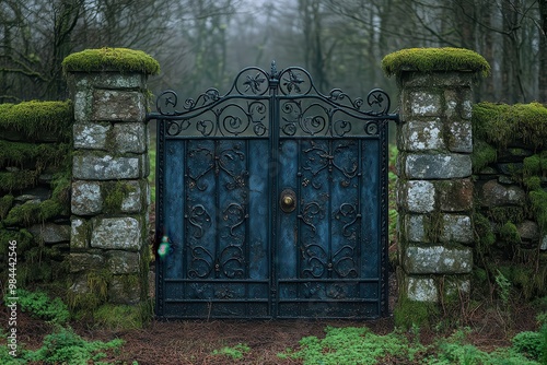 an ornate wroughtiron gate with intricate scrollwork and weathered patina set against a mosscovered stone wall evoking a sense of mystery and forgotten grandeur photo