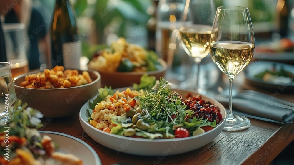 A vibrant table setting featuring a fresh salad, gourmet dishes, and elegant wine glasses, perfect for a dining experience.