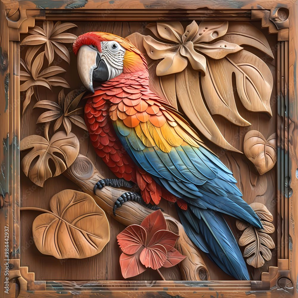 Fototapeta premium Wood carving 3D image of Scarlet Macaw in frame with depth map