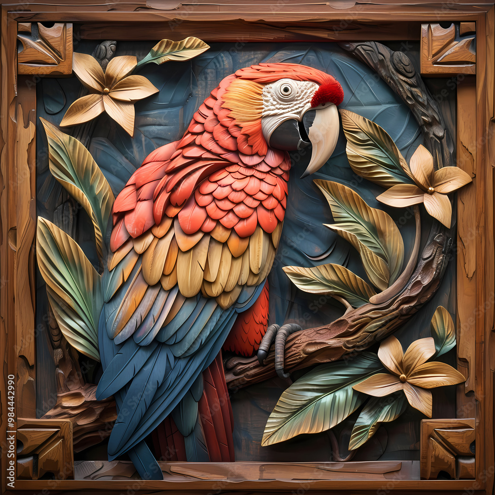 Fototapeta premium Wood carving 3D image of Scarlet Macaw in frame with depth map