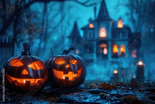 Illuminated Jack-O'-Lanterns Against a Blurred Haunted House Background