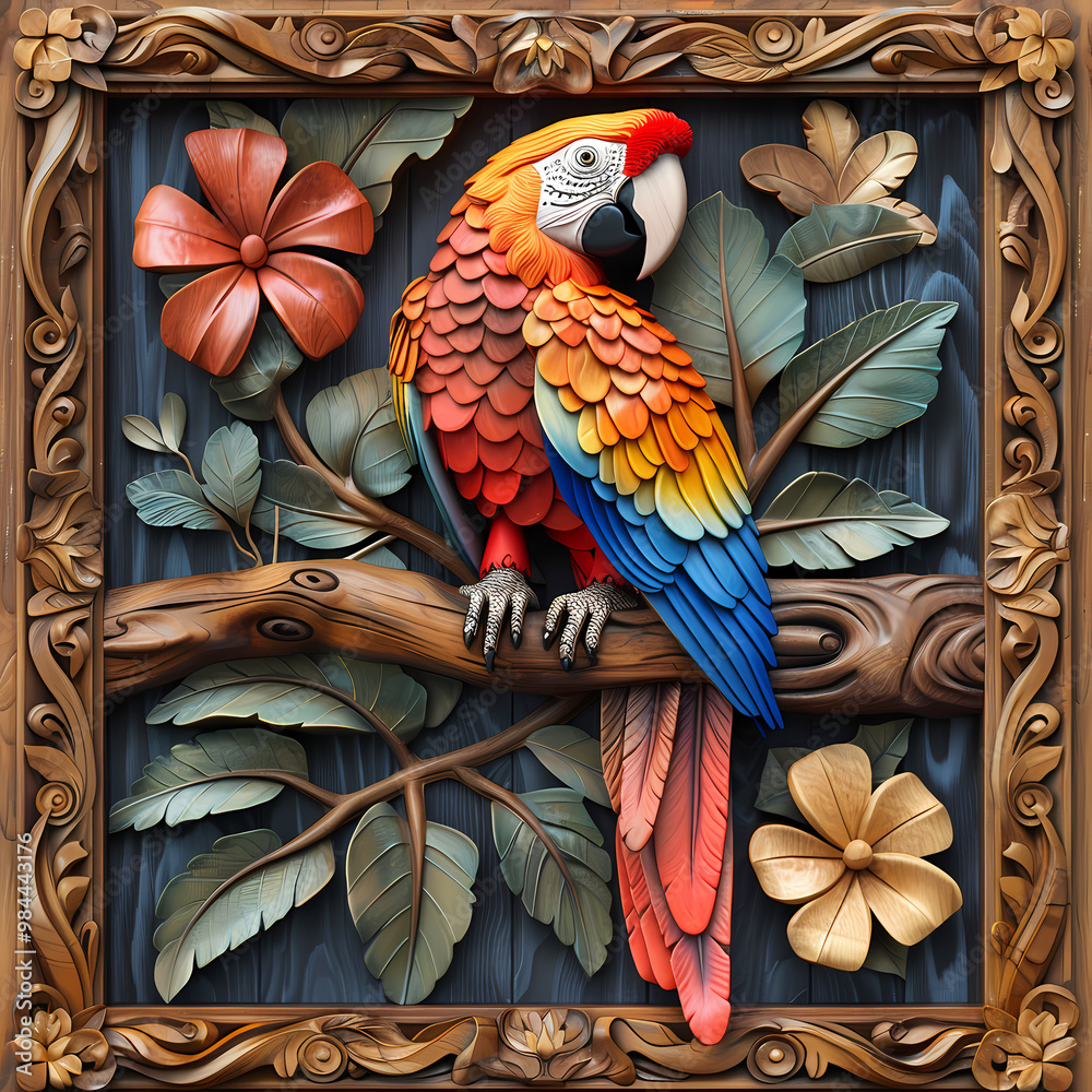 Fototapeta premium Wood carving 3D image of Scarlet Macaw in frame with depth map
