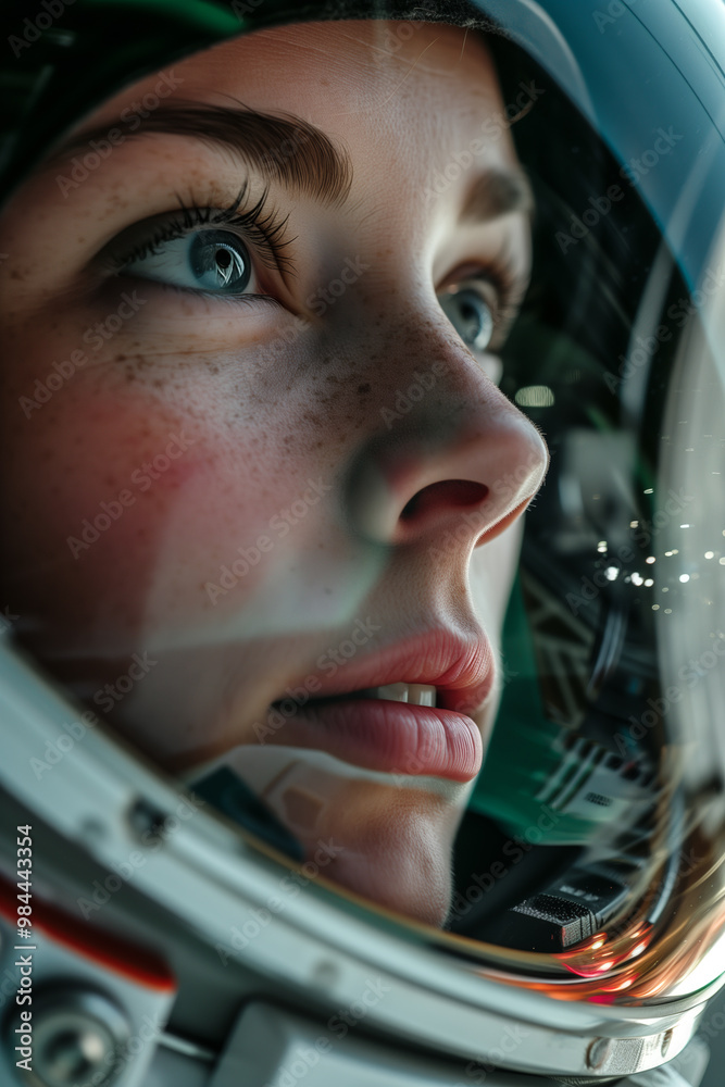 Close-up of female astronaut gazing into distance. Generative AI image Close-up of female astronaut gazing into distance. Generative AI image