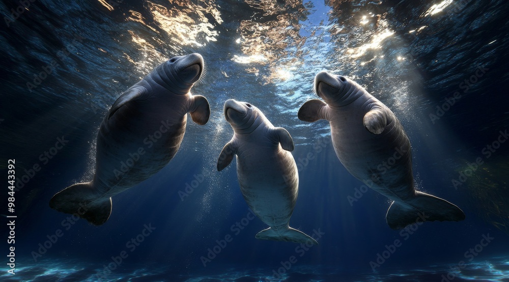 Naklejka premium An image showing three underwater sea creatures in a serene aquatic scene, with light filtering through the water, creating a tranquil environment.