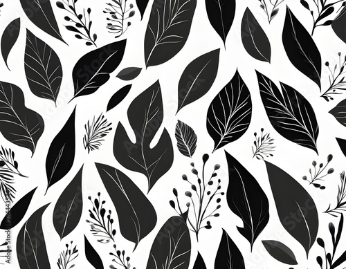 Black Hand drawn ink illustration with black leaves background