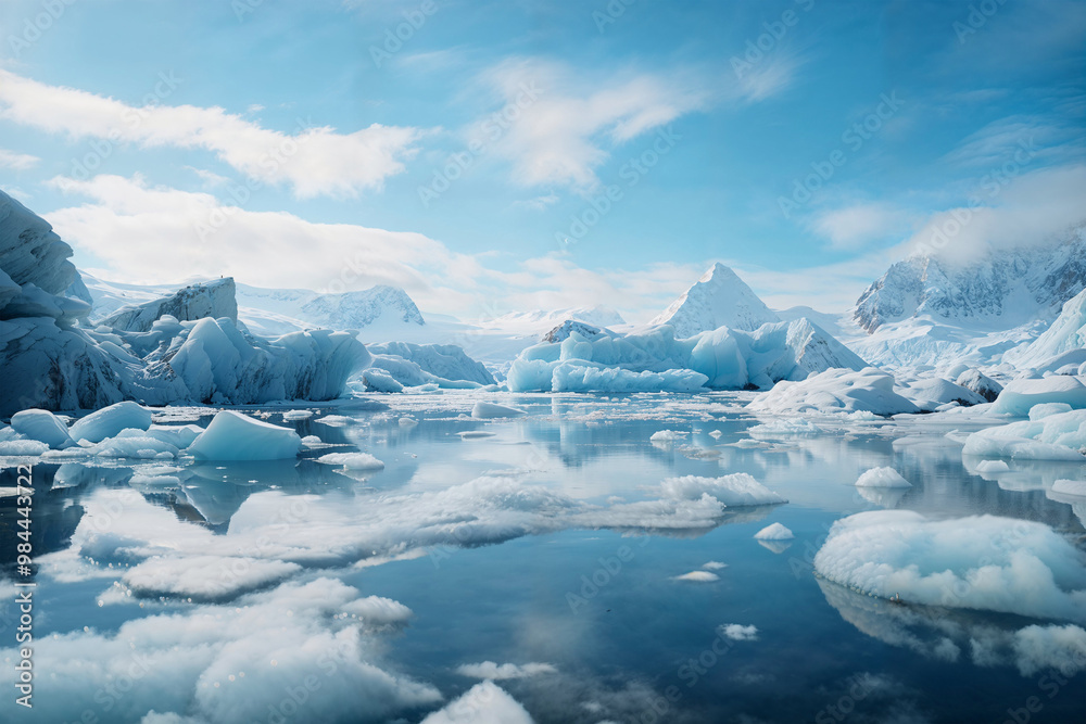 Fototapeta premium Serene Antarctic glacier landscape with clear reflections. Generative AI image