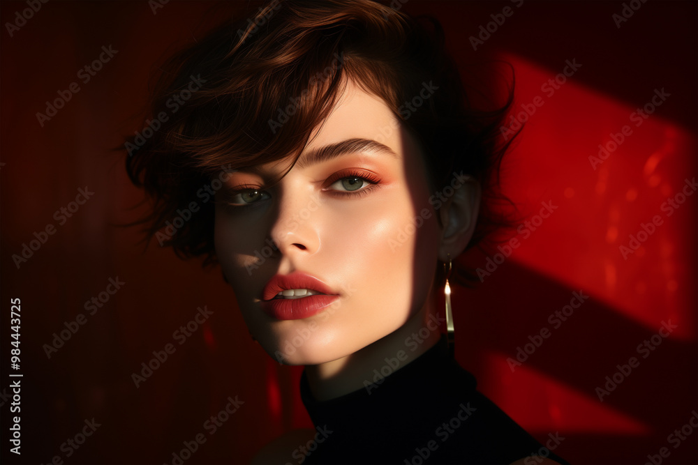 Portrait of a woman with dramatic red shadow. Generative AI image Portrait of a woman with dramatic red shadow. Generative AI image