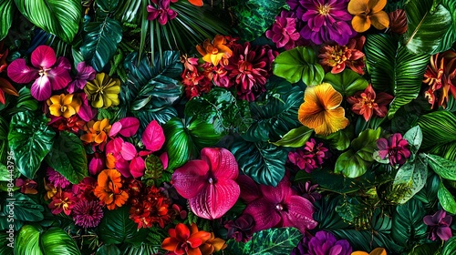 seamless texture Exotic wallpaper texture showcasing intricate tropical flowers and bold green foliage.