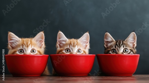 Three adorable kittens peek out of red bowls lined up in a row, creating a harmonious and heart-melting scene with vibrant colors and playful composition. photo