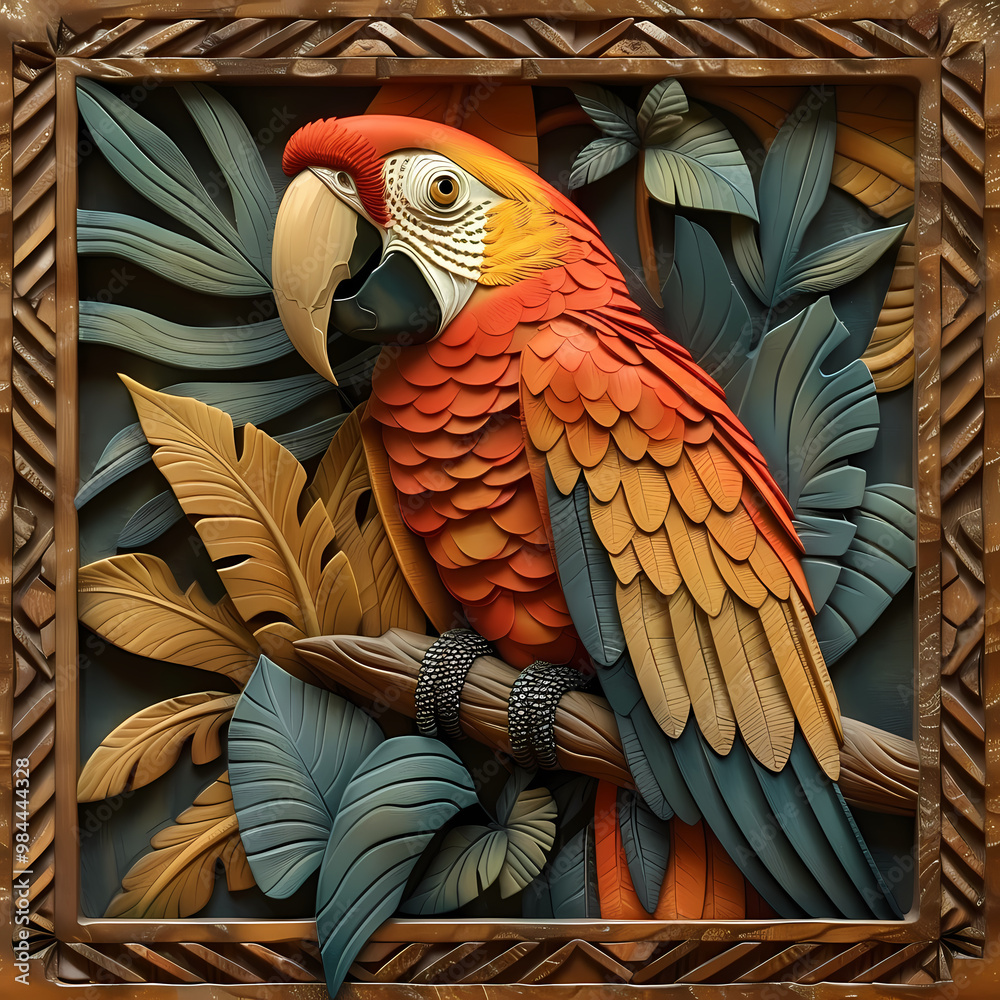 Fototapeta premium Wood carving 3D image of Scarlet Macaw in frame with depth map