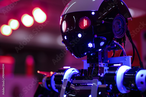 This captivating image showcases a futuristic robot concept, featuring a close-up of a robot's head with glowing red eyes set against a backdrop of soft-focus neon lights. Generative AI image