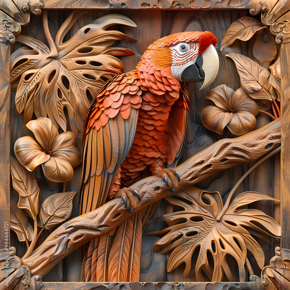 Fototapeta premium Wood carving 3D image of Scarlet Macaw in frame with depth map