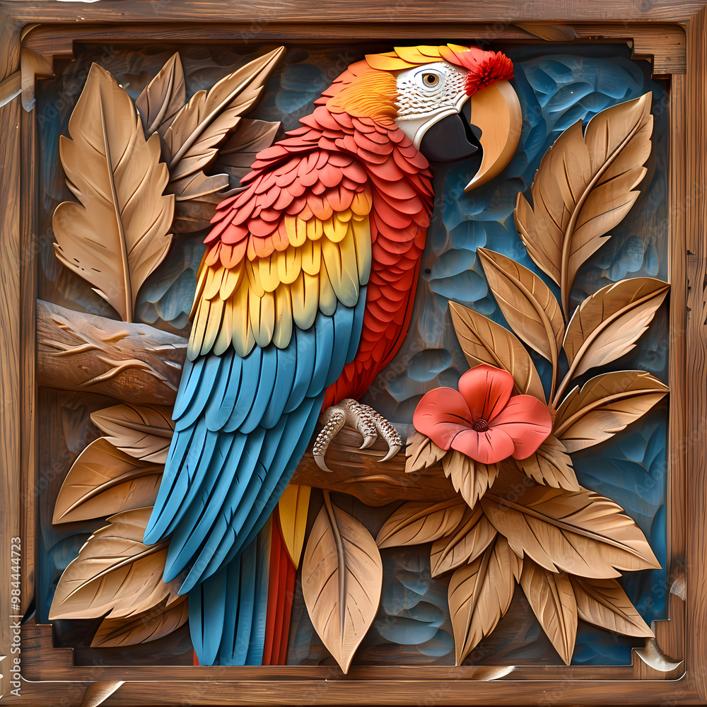 Fototapeta premium Wood carving 3D image of Scarlet Macaw in frame with depth map