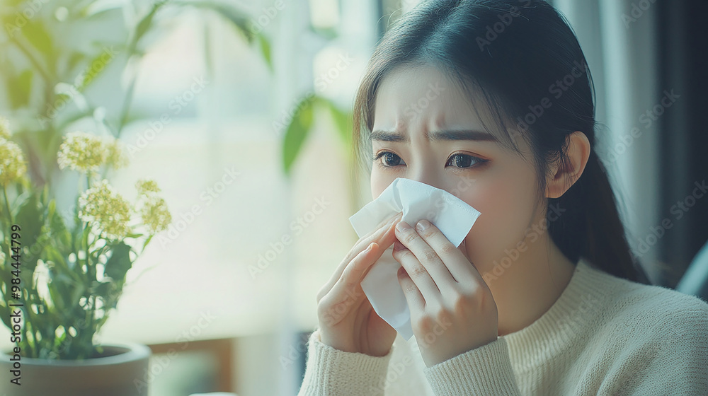 室内でくしゃみをする若い女性 室内でくしゃみをする若い女性