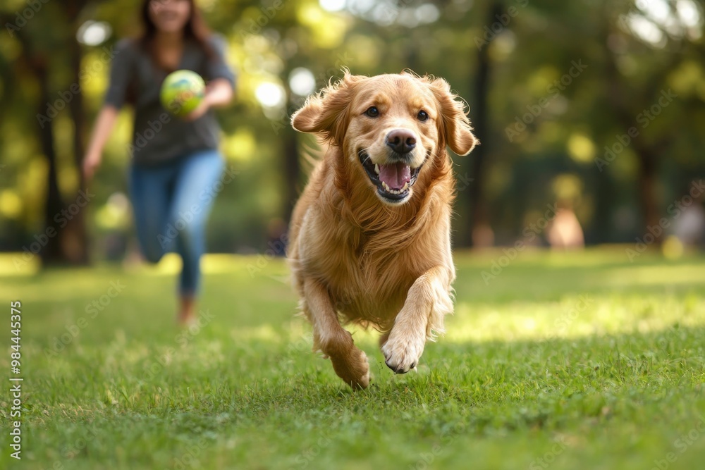 A Golden Retriever with a big smile on its face runs energetically on the grass with a ball in its mouth, while a person in a gray shirt follows behind, depicting a vibrant park scene. A Golden Retriever with a big smile on its face runs energetically on the grass with a ball in its mouth, while a person in a gray shirt follows behind, depicting a vibrant park scene.