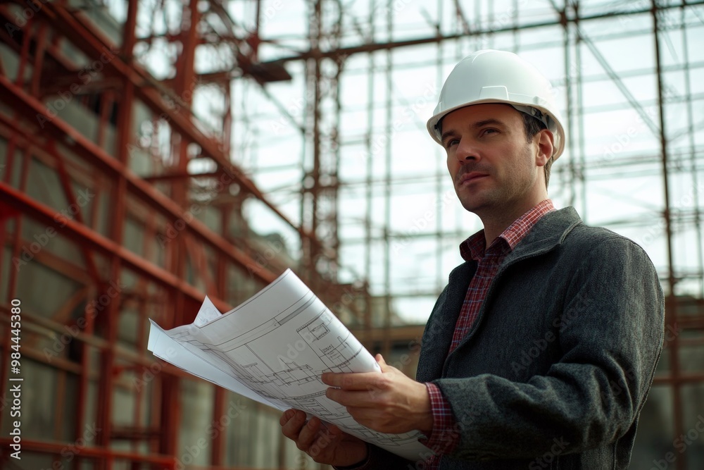 A construction manager wearing a white hard hat holds and inspects blueprints at a construction site filled with red scaffolding, signifying hands-on project management. A construction manager wearing a white hard hat holds and inspects blueprints at a construction site filled with red scaffolding, signifying hands-on project management.