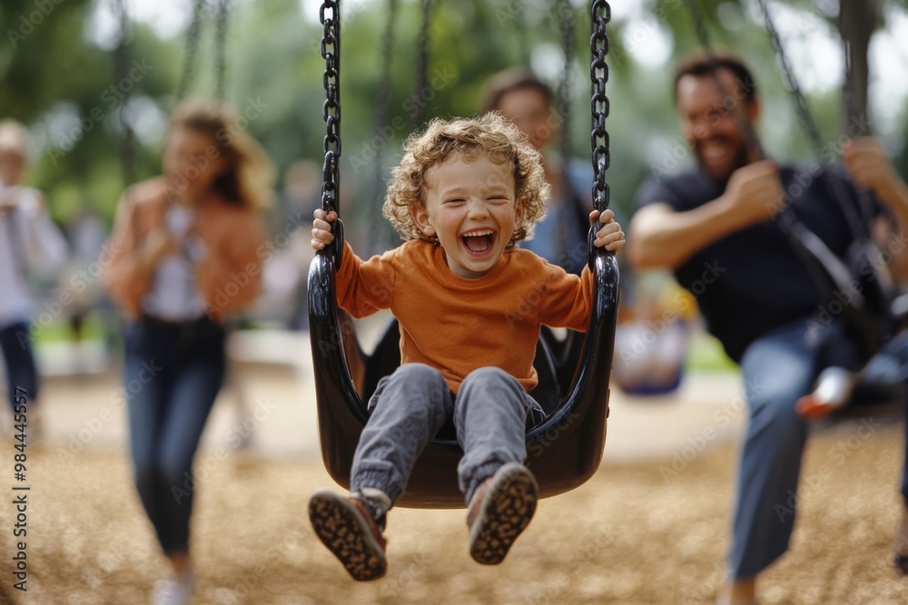A gleeful child enjoys swinging in a park while their parents and sibling laugh and play in the background, creating a heartwarming family scene of joy and togetherness. A gleeful child enjoys swinging in a park while their parents and sibling laugh and play in the background, creating a heartwarming family scene of joy and togetherness.