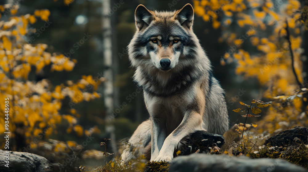 Wolf in Forest, Full-Body View in Natural Habitat Wolf in Forest, Full-Body View in Natural Habitat