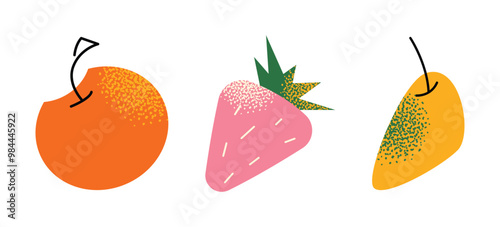 Fruits set and afternoon tea stand food icon. Scones with jam, pie, cupcake, cakes and sandwich.  Tea time elements. Tea Party Invitation. Vector illustration isolated on background