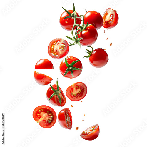 Floating cherry tomato in air, whole, with sliced cherry tomatoes on white background