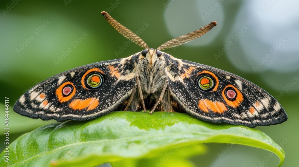Colorful butterfly resting on a green leaf, natural setting Colorful butterfly resting on a green leaf, natural setting
