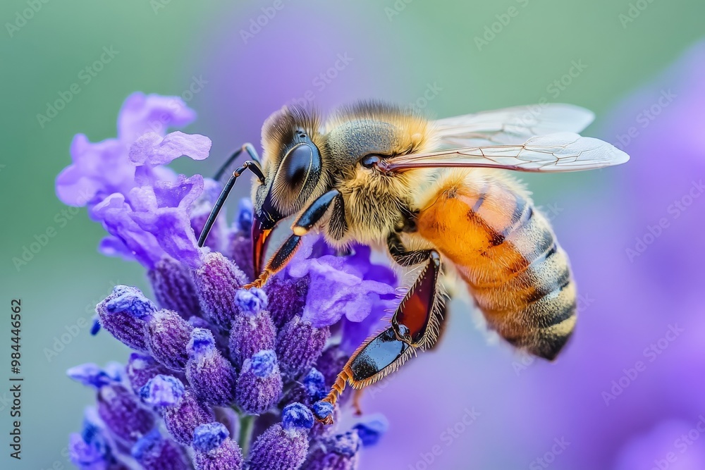 Close-up photograph of a bee gathering nectar from a vibrant purple flower, illustrating the crucial role of bees in pollination and the intricate relationship between insects and plants. Close-up photograph of a bee gathering nectar from a vibrant purple flower, illustrating the crucial role of bees in pollination and the intricate relationship between insects and plants.