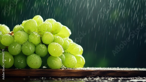 Fresh green grapes with water droplets on a wooden surface