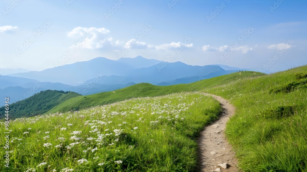 Fototapeta premium Spring Break Adventure in Nature - Scenic Mountain Trails with Blooming Flowers for Peaceful Exploration and Breathtaking Viewpoints