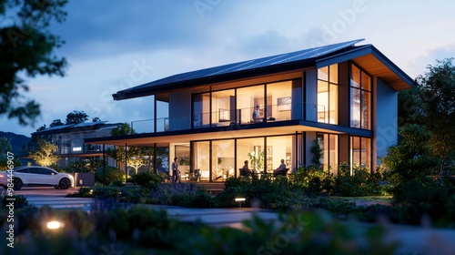 Modern House with Glass Walls Illuminated in the Evening with Cars Parked Outside