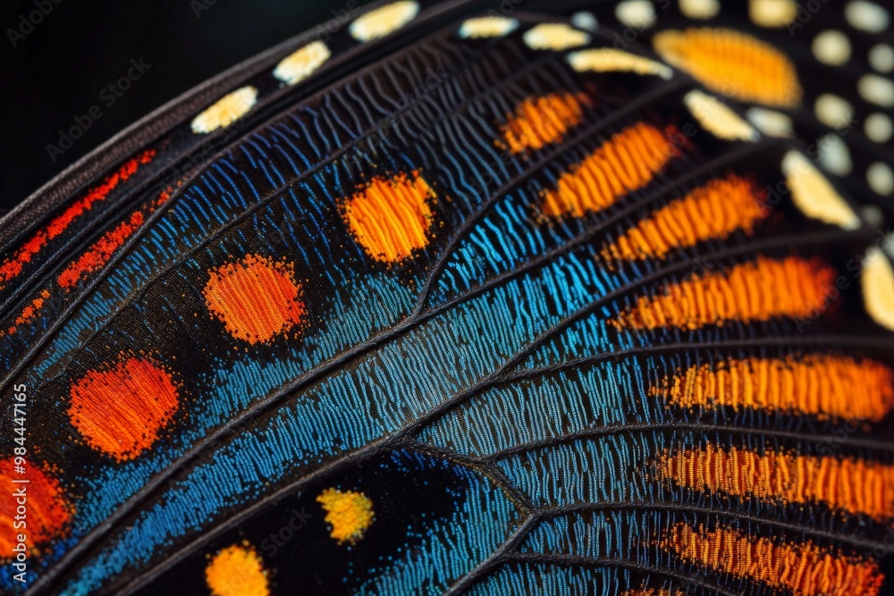A beautifully detailed close-up of a butterfly wing, featuring a stunning combination of blue, orange, and black colors with a symmetrical pattern and natural textures.