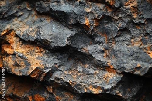 This image captures the details of a dark and rugged rock surface with striking orange highlights, showcasing the earth's raw textures and natural beauty.