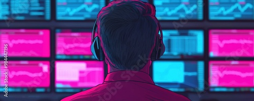 A person monitors multiple screens displaying financial charts and data against a vibrant pink background, Business and Market volatility concept. photo