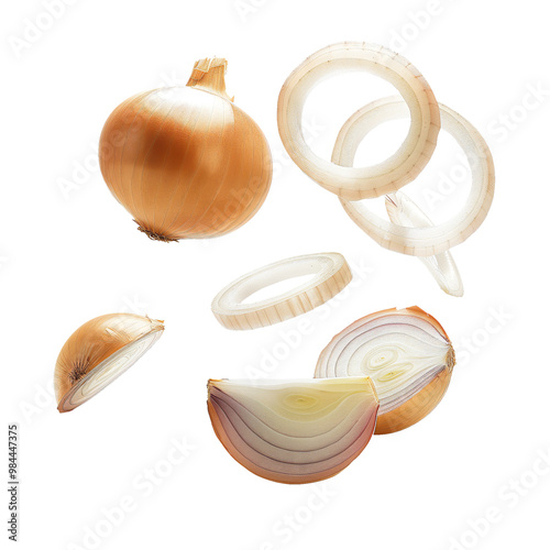 Floating onion rings with whole onion on white background